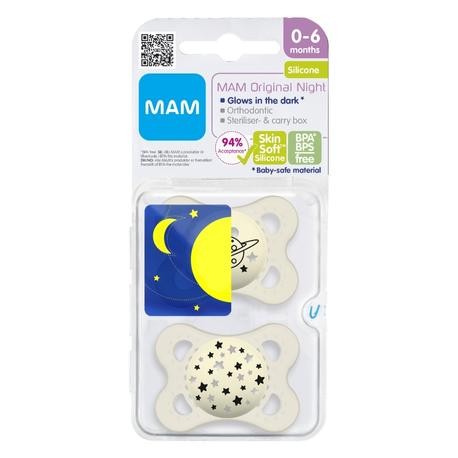 MAM Original Night 2 pak, Maat 1 (0-6 maanden), Symmetrisch - Silicone