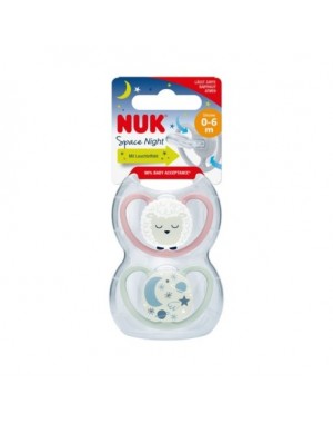 NUK Space Night,  Maat 1 (0-6m), Anatomisch - Silicone, 2-pack