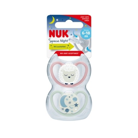 NUK Space Night,  Maat 2 (6-18m), Anatomisch - Silicone, 2-pack