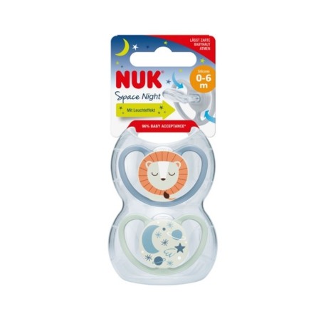 NUK Space Night,  Maat 1 (0-6m), Anatomisch - Silicone, 2-pack