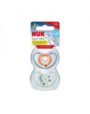 NUK Space Night,  Maat 2 (6-18m), Anatomisch - Silicone, 2-pack