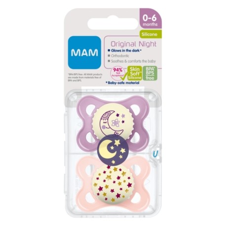 MAM Original Night 2 pak, Maat 1 (0-6 maanden), Symmetrisch - Silicone