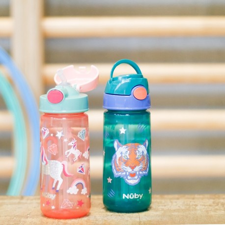 Nüby, Glitter drinkfles met rietje, 3 jaar, Pink