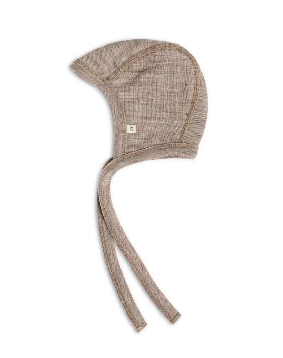 Casque bébé avec cordon en laine mérinos 100% biologique, Qualité fine - 1 couche de tissu