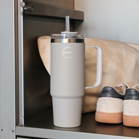 AYA&IDA, Thermosbeker met rietje, Beker voor onderweg, 885 ml, Light Grey