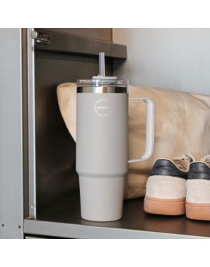 AYA&IDA, Thermosbeker met rietje, Beker voor onderweg, 885 ml, Light Grey