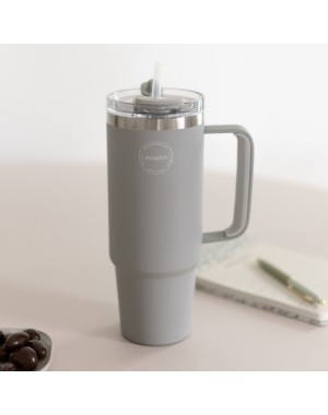 AYA&IDA, Thermosbeker met rietje, Beker voor onderweg, 885 ml, Light Grey