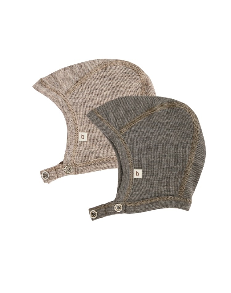 Bonnet bébé avec boutons pression en 100% laine mérinos biologique,  Epaisseur et qualité - 2 couches de tissu, Pack 2