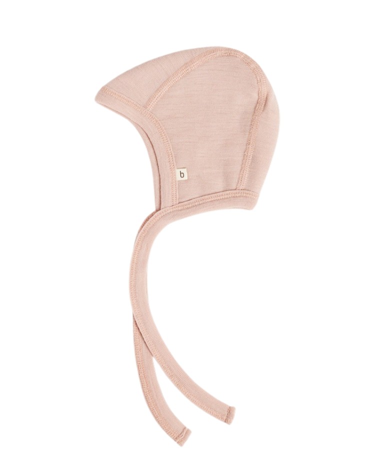 Casque bébé avec cordon en laine mérinos 100% biologique, Qualité fine - 1 couche de tissu