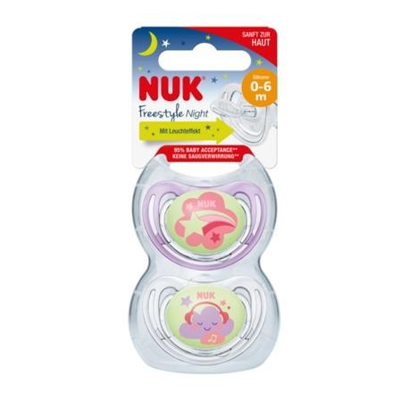 NUK Freestyle Night,  Maat 1 (0-6m), Anatomisch - Silicone, 2-pack