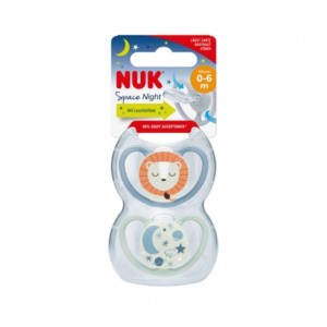 NUK Space Night,  Maat 1 (0-6m), Anatomisch - Silicone, 2-pack