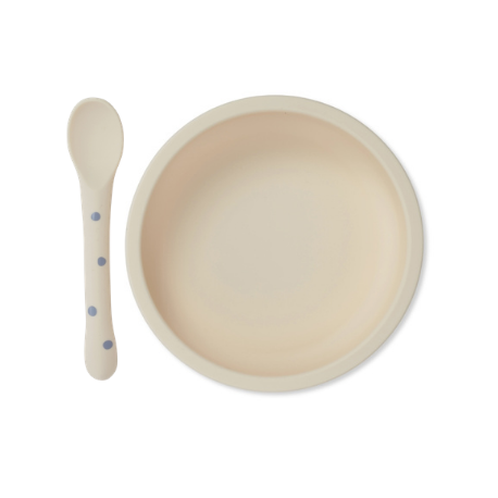 Konges sløjd, Bowl and spoon silicon set, Ocean / Blue Dot