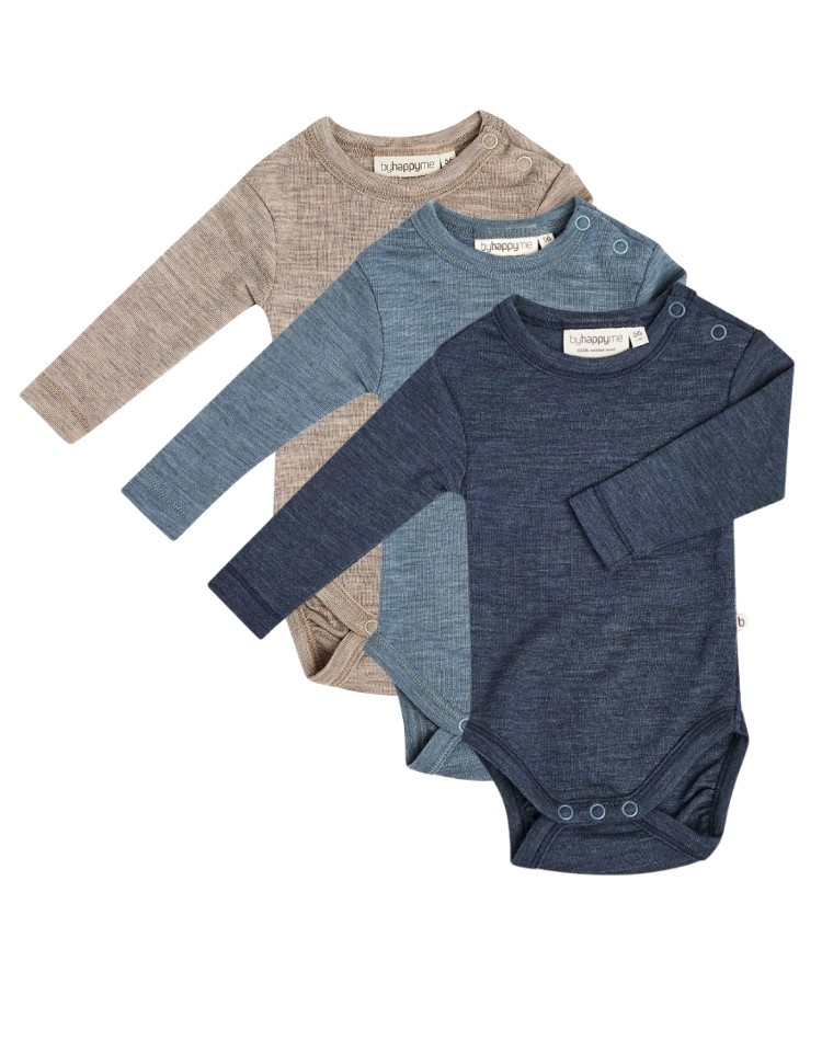 Babybody med lång ärm och rund halsringning i 100% ekologisk merinoull, 3-pack