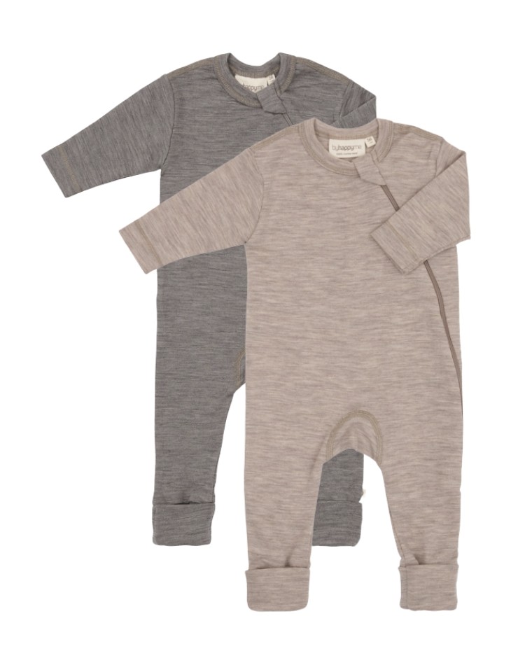 Baby overall i 100% ekologisk merionull med dragkedja på sidan, 2-pack