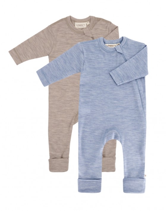 Baby overall i 100% ekologisk merionull med dragkedja på sidan, 2-pack