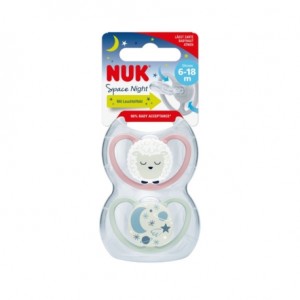 NUK Space Night,  Size 2 (6-18m), Anatomical - Silicone, 2-pack