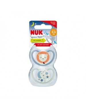 NUK Space Night,  Size 1 (0-6m), Anatomical - Silicone, 2-pack