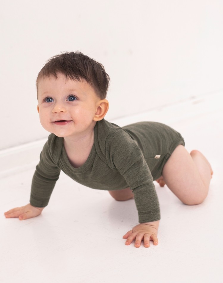 Baby bodysuit with long sleeves and american closure for in 100% organic merino wool, OEKO-TEX®