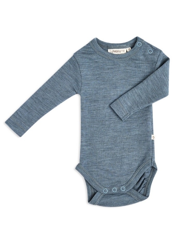 Baby bodysuit with long sleeves and round neckline in 100% organic merino wool