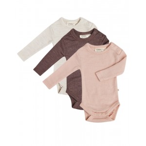 Baby bodysuit with long sleeves and round neckline in 100% organic merino wool, 3-pack