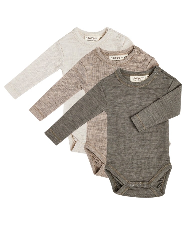 Baby bodysuit with long sleeves and round neckline in 100% organic merino wool, 3-pack