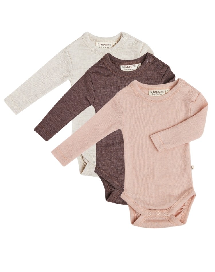 Baby bodysuit with long sleeves and round neckline in 100% organic merino wool, 3-pack