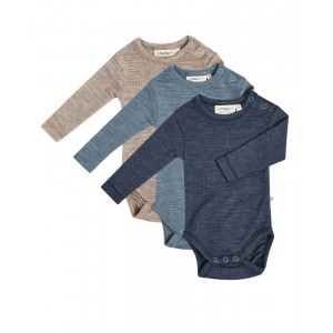 Baby bodysuit with long sleeves and round neckline in 100% organic merino wool, 3-pack