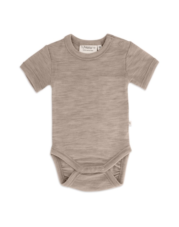 Baby bodysuit with short sleeves button closure on one shoulder, made from 100% organic merino wool