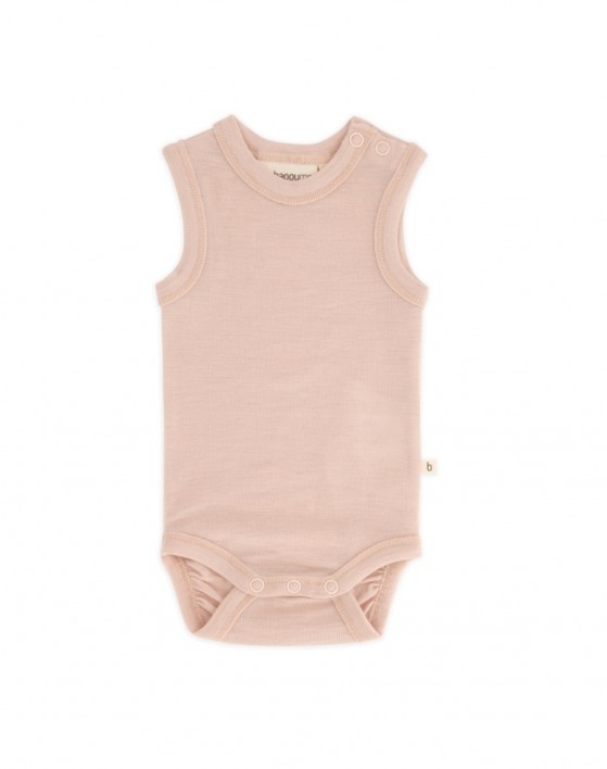 Sleeveless baby bodysuit with button closure on one shoulder, made from 100% organic merino wool