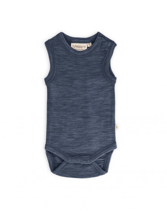 Sleeveless baby bodysuit with button closure on one shoulder, made from 100% organic merino wool