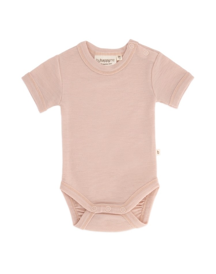 Baby bodysuit with short sleeves button closure on one shoulder, made from 100% organic merino wool