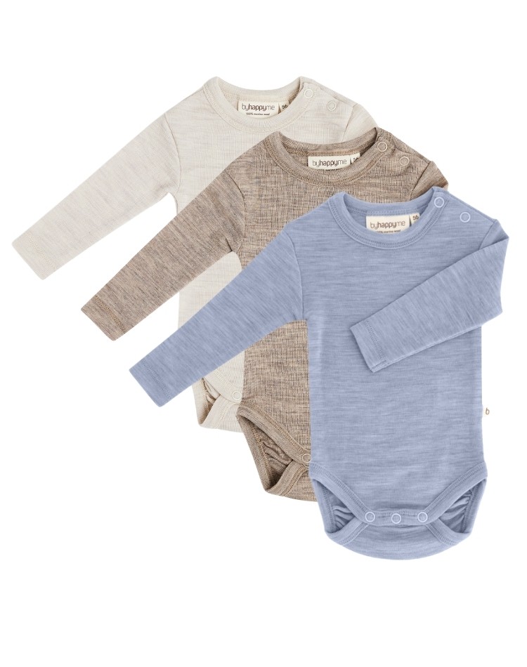 Baby bodysuit with long sleeves and round neckline in 100% organic merino wool, 3-pack