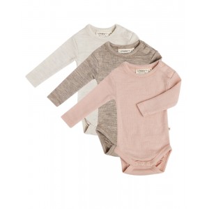 Baby bodysuit with long sleeves and round neckline in 100% organic merino wool, 3-pack