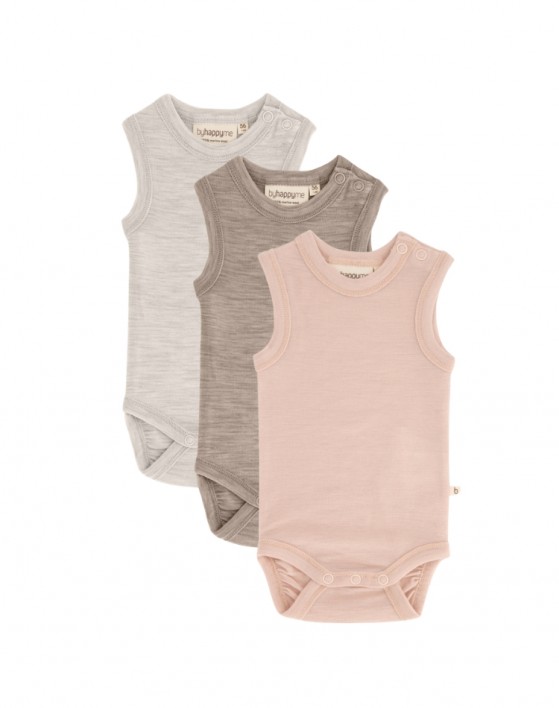 Sleeveless baby bodysuit with button closure on one shoulder, made from 100% organic merino wool, 3-pack